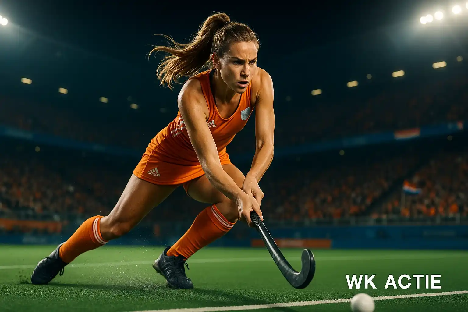 Nederlandse hockeyster in actie tijdens WK-finale met krachtige aanval op het doel