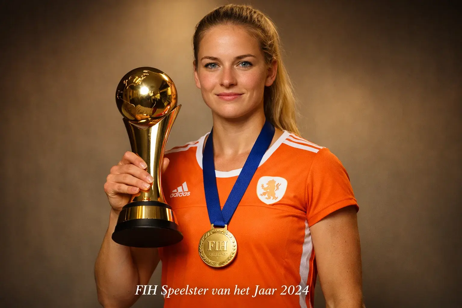 Nederlandse hockeyster met trofee en gouden medaille na internationale prijsuitreiking