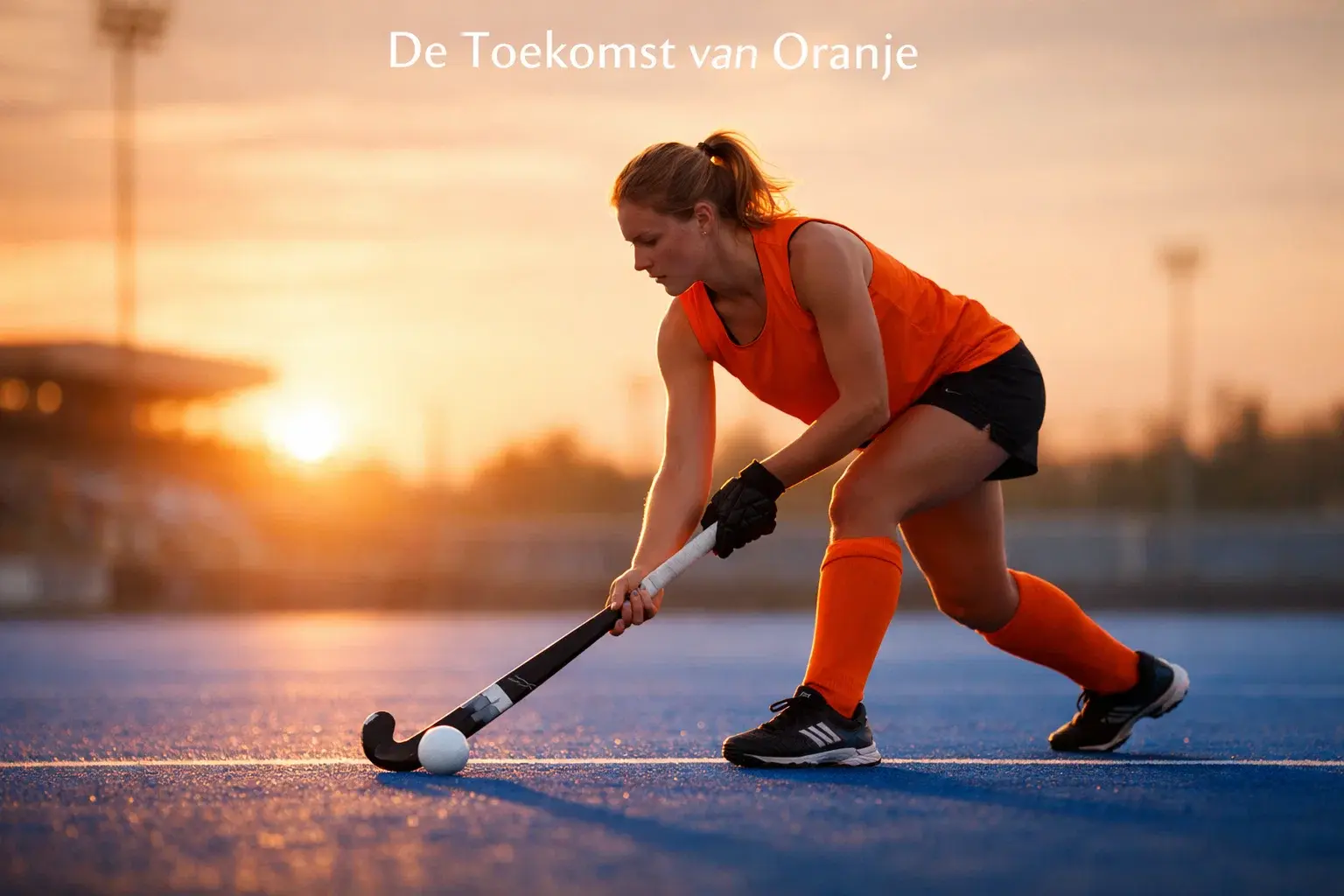 Hockeyspeelster in oranje tenue traint op kunstgrasveld bij zonsondergang
